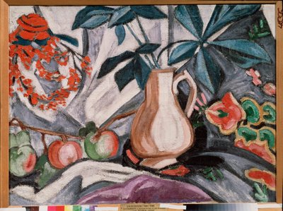 Nature morte avec un vase et des pommes - 有壶和苹果的静物 - Olga Vladimirovna Rozanova（1886-1918）的油画，布面油画 - 俄罗斯艺术，19 世纪末 20 世纪初，前卫艺术 - 俄罗斯国立博物馆，圣彼得堡 作者 奥尔加·弗拉基米罗芙娜·罗扎诺娃