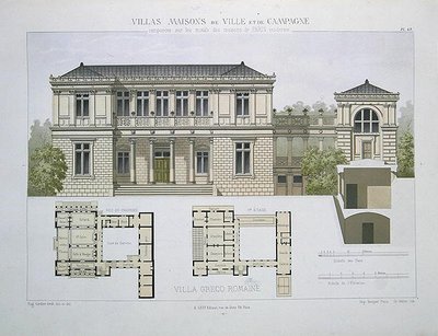 希腊罗马别墅，由沃尔特雕刻，板块49来自 "Villas, Maisons de Ville et de Campagne"，巴黎出版（彩色平印）。 作者 橄榄（后）