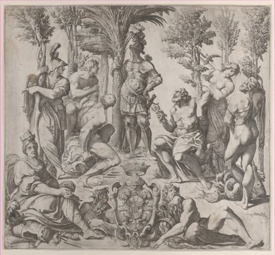 寓言式的构图，六个奥林匹斯神聚集在一个穿着盔甲的人物周围，1615-35。 作者 奥利维罗·加蒂