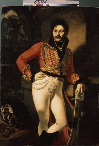 轻骑兵上校 Eugraph Davydov（1775-1823 年）的肖像。(轻骑兵上校 E. Davydov 的肖像）。奥雷斯特-阿达莫维奇-基普伦斯基（基普伦斯基）（1782-1836 年）的画作，布面油画 作者 奥雷斯特·阿达莫维奇·基普伦斯基