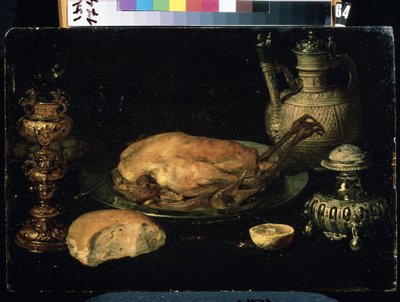 "鸡、柠檬、面包、银器和油灯的静物画 作者：Osias Beert the Elder（1580-1624 年） 17 世纪 Mikhail Kroshitsky 艺术博物馆，塞瓦斯托波尔（塞巴斯托波尔），乌克兰 作者 比埃特长者奥西亚斯