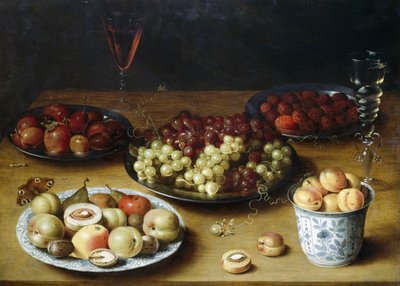 有水果和玻璃杯的静物，奥西亚斯-贝尔特（1580-1624 年）作品，木板油画 作者 Osias the Elder Beert