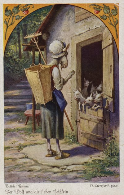 来自格林兄弟的狼和七个小孩的场景 作者 奥斯卡·赫尔富特（Oskar Herrfurth）
