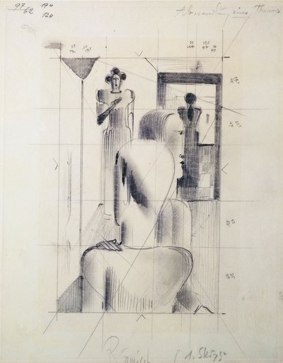 房间里的人物，奥斯卡·施莱默 (Oskar Schlemmer，1888-1943)，纸上铅笔。 德国，20 世纪。 作者 奥斯卡·施勒默（Oskar Schlemmer）
