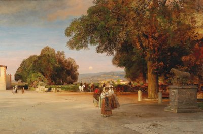 法语：Promeneurs sur la terrasse de la Villa Grazioli à Grottaferrata 格罗塔费拉塔格拉齐奥利别墅露台上的黄昏场景 作者 奥斯瓦尔德·阿亨巴赫