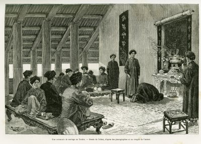 洞金的婚礼仪式。托法尼的版画，为1884年的故事《Trente mois au Tonkin》作插图，由Paul Hocquard博士于1890年在le tour du monde中创作，由Edouard Charton（1807-1890）指导，巴黎Hachette出版社。 作者 奥斯瓦尔多·托法尼（Oswaldo Tofani）