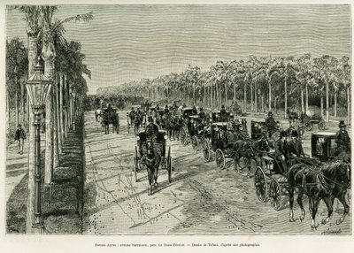 布宜诺斯艾利斯，萨米恩托大道，二月三日公园。托法尼的版画，为1886年的故事《拉普拉塔的旅行》作插图，作者是埃米尔-戴罗，收录在1888年的《世界之旅》中，由爱德华-沙特尔（1807-1890）导演，巴黎哈切特出版社。 作者 奥斯瓦尔多·托法尼（Oswaldo Tofani）