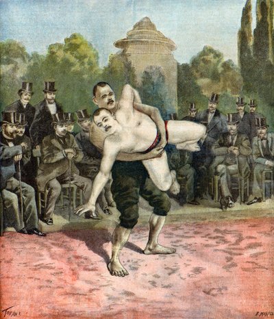 1895 年，摔跤手皮耶里和乌素夫-伊斯梅洛洛的表演（插图） 作者 奥斯瓦尔多·托法尼（Oswaldo Tofani）