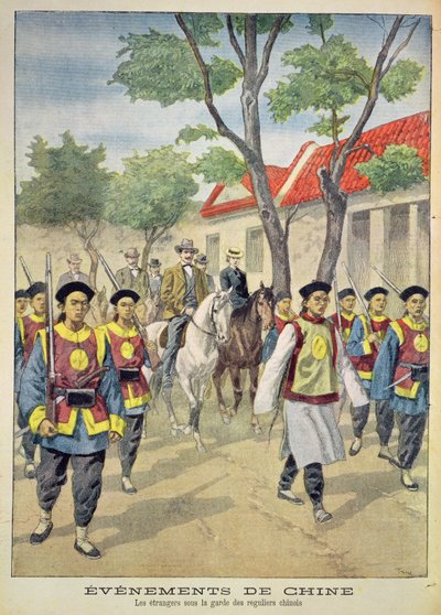 1899年至1901年义和团叛乱期间中国常规士兵在武装护送下的欧洲外国人，1900年7月18日“Le Petit Journal”的插图 作者 奥斯瓦尔多·托法尼（Oswaldo Tofani）