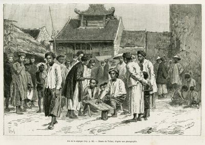 萨皮克的游戏。托法尼的版画，为1884年《Trente mois au Tonkin》的故事作插图，作者是Paul Hocquard博士，载于1890年《世界之旅》，由Edouard Charton（1807-1890）指导，巴黎Hachette出版社。 作者 奥斯瓦尔多·托法尼（Oswaldo Tofani）