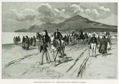 Islanders going to mass. Engraving by Tofani, to illustrate the story Trois mois en Irlande, in 1889, by Marie anne de Bovet, in le tour du monde 1890, directed by Edouard Charton (1807-1890), Hachette, Paris. 作者 奥斯瓦尔多·托法尼（Oswaldo Tofani）