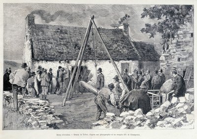 Men running through a door with the help of a belly tree to expel the occupant from the dwelling. Drawing by Tofani from a sketch of O. de Champeaux (19th century). 作者 奥斯瓦尔多·托法尼（Oswaldo Tofani）