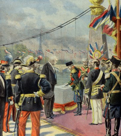 尼古拉 2 世在费利克斯-福尔的见证下为亚历山大 3 号桥奠基，巴黎，1896 年（雕刻） 作者 Oswaldo Tofani