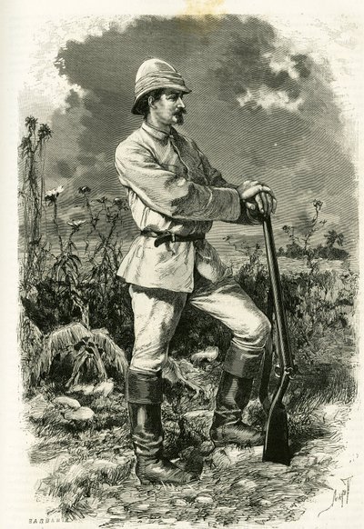 Portrait of Dr. Emile Holub, in an exploration suit, engraving by Tofani, to illustrate the story “Au pays des Marutses””, in 1875-1879, by Dr. Emile Holub (1847-1902). Published in the Tour du monde, 2nd semester 1883, edited by Edouard Charton (1807-1890 作者 奥斯瓦尔多·托法尼（Oswaldo Tofani）