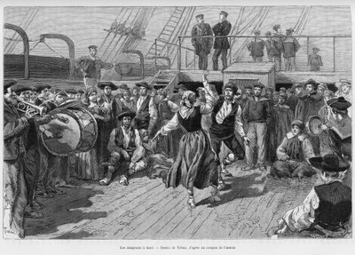 船上的移居者。托法尼为故事《拉普拉塔的旅行》绘制的版画，1886年埃米尔-布雷罗的三个月假期，在1887年的世界之旅中，由爱德华-沙尔东（1807-1890）指导，巴黎哈谢特出版社。 作者 Oswaldo Tofani
