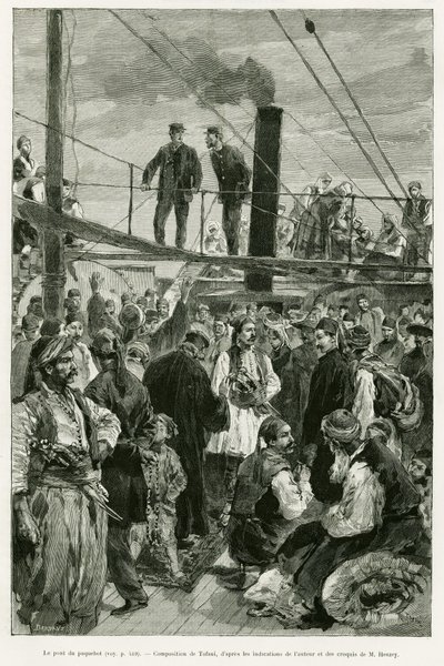 船上的甲板。托法尼为1882年保罗-蒙索的《塞萨利航行》故事绘制的版画，载于《世界之旅》1887年，由爱德华-沙顿（1807-1890）导演，巴黎哈谢特出版社。 作者 Oswaldo Tofani