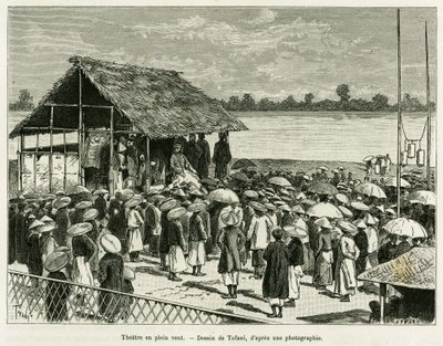 风中的剧场。 托法尼 (Tofani) 在一张照片后雕刻，以说明 Trente mois au Tonkin 的故事，由 Paul Hocquard 博士于 1890 年在巴黎阿歇特 (Hachette) 的 Edouard Charton (1807-1890) 指导下在 le tour du monde 中创作。 作者 奥斯瓦尔多·托法尼（Oswaldo Tofani）