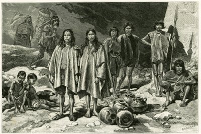 厄瓜多尔 Cordilleres 印第安人的类型，左侧，背景是 Nanegal 的 Yumbos，前景是 Lojanos，中间是几个 Zaparos，右侧是 Jivaros 战士。 Tofani 根据文件雕刻，以说明 stor 作者 奥斯瓦尔多·托法尼（Oswaldo Tofani）