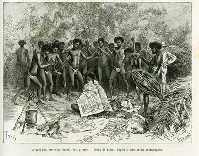 一份报纸可以用来做什么？托法尼的雕版画，为故事《Chez les cannibales, Voyage dans le nord-est de l