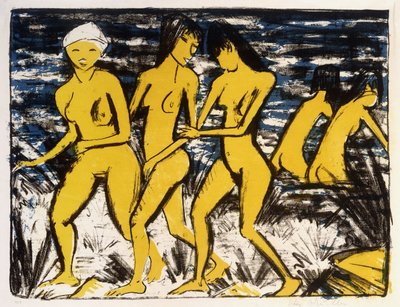 在水面上的五个黄色裸体； Funf Gelbe Akte am Wasser 作者 Otto Mueller