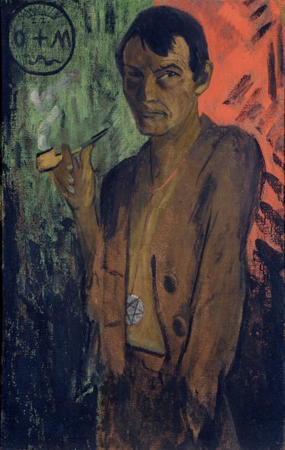 带五角星的自画像，约 1924 年（布面钢笔画） 作者 奥托·穆勒或穆勒