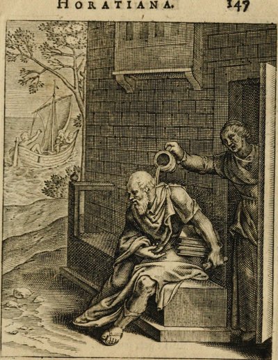 Xanthippe在Socrates上清空了一个便壶。摘自Emblemata Horatiana，1607年 作者 奥托·范·维恩