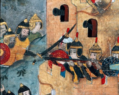 穆拉德三世（1546-1595 年）（左）的奥斯曼帝国军队与强大的 Detail 牙垢的捍卫者之间的战斗场景。 手抄本微型 R-1296。 伊斯坦布尔 16 世纪托普卡匹萨拉伊博物馆图书馆 作者 奥斯曼帝国学校