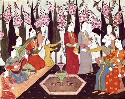 庆祝活动在苏丹艾哈迈德一世（1590-1617）17 世纪伊斯坦布尔的相册中的微型后宫中组织，托普卡匹萨拉伊博物馆图书馆 作者 奥斯曼帝国学校