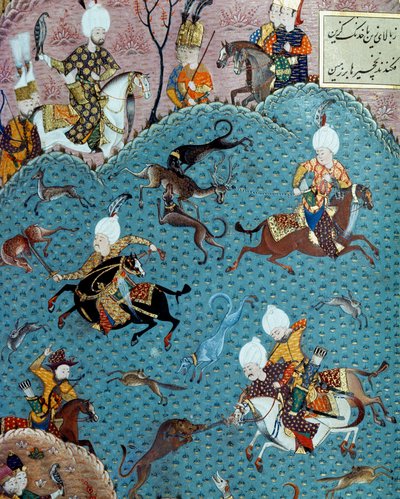 苏丹穆拉德二世 (Murat)（1404-1451）在场的狩猎场景，17 世纪的缩影。 伊斯坦布尔，托普卡匹萨拉伊博物馆图书馆 作者 奥斯曼帝国学校