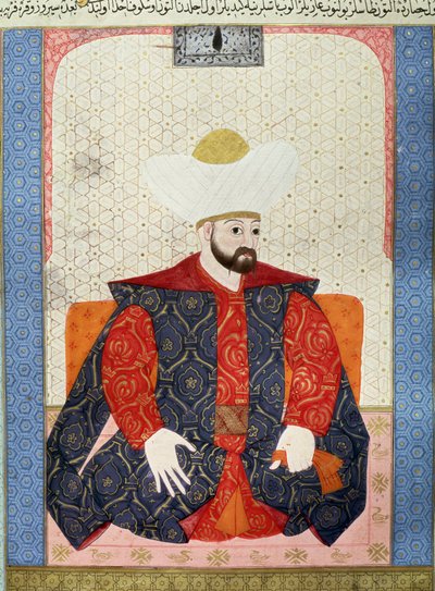 奥斯曼帝国："奥斯曼苏丹穆拉德一世（1326-1389）的肖像"，来自历史学家赛义德-罗克曼-阿舒里1538年的手稿（1973年女士，对开页62a）"Zubdatat-al-Tawarikh"（故事的奶油）的微型画。土耳其和伊斯兰艺术博物馆 作者 Ottoman School
