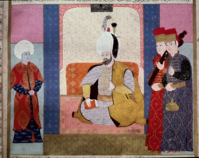 奥斯曼帝国：“”苏丹穆拉德三世（1546-1595）围绕着朝臣”“来自“Zubdat al Tawarikh”的缩影”（Ms. 1973，fol. 59b） by Seyyd Lokman Ashuri 1583 伊斯坦布尔，土耳其伊斯兰艺术博物馆 作者 Ottoman School