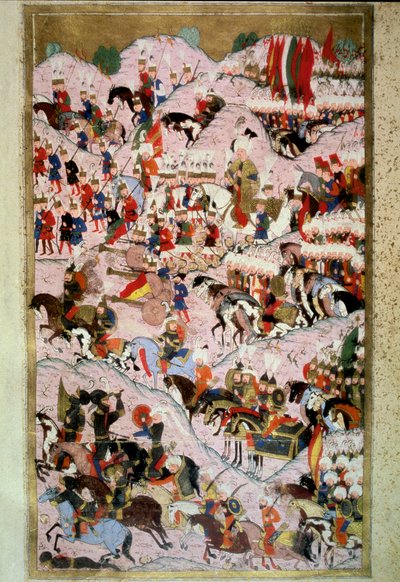 奥斯曼帝国：“”苏丹苏利曼（苏莱曼）我在 1526 年 8 月 29 日的莫哈奇战役中对阵由国王路易二世指挥的匈牙利王国军队时说的壮观”””洛克曼的“Hunername”缩影， 卷 1 (H 1523, f.256b) 1584 托普卡匹 S 作者 奥斯曼帝国学校