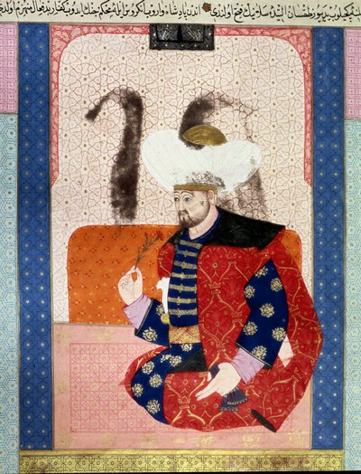 奥斯曼帝国：巴亚齐德一世 (Bajazet I)（约 1354-1403 年）的肖像，被称为 Yildirim（闪电）””手稿缩影（1973 年女士，对开 62a）“”Zubdatat-al-Tawarikh”（Zubdat al-Tawarikh ) (Creme of Stories) 由历史学家 Seyyid Loqman Ashuri 于 1538 年创作。 作者 奥斯曼帝国学校