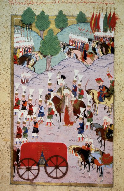 Ottoman Empire: representation of Sultan Soliman (Suleyman) I said the magnificent (1520-1566) and his army. Miniature from “Hunername” by Lokman, vol. 1 (H 1523, f.7) 1584 Topkapi Sarayi Museum Library Istanbul 作者 奥斯曼帝国学校