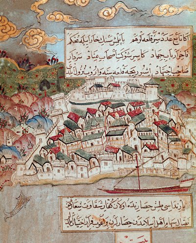 奥斯曼帝国：代表多瑙河畔一座被索利曼 (Suleyman) 征服的要塞城市 我在他行军布达佩斯和维也纳 (1526-1529) 期间曾说过宏伟的 (1520-1566)。 16 世纪的缩影。 伊斯坦布尔托普卡匹萨拉伊 作者 Ottoman School
