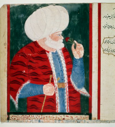 巴伯罗斯（Khizir Khayr ad-din）的肖像（Barbaros Hozor Hayreddin Pasha或Pasa或Chair ad Din，Chaireddin或Cheireddin）（1466-1546）奥斯曼帝国的大将军，在当过海盗后的微型画，来自手稿H.2134号。 作者 奥斯曼帝国学校