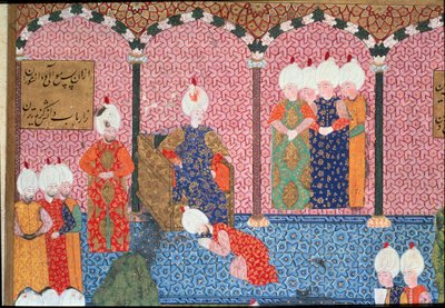 索利曼（苏莱曼）一世（1494-1566年）的肖像，奥斯曼苏丹在登基仪式上围绕着他的宫廷详述。微型画取自阿里菲的《苏莱曼》（ms. H.1517）1558。伊斯坦布尔的托普卡匹萨拉伊（Topkapi Sarayi）。 作者 奥斯曼帝国学校