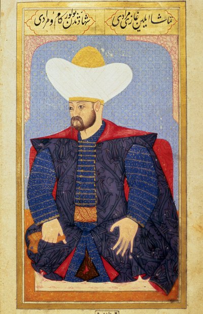 奥斯曼帝国苏丹穆拉德一世 (1326-1389) 的肖像，来自 Seyyid Lokman Hussein 手稿“人类相貌（关于奥斯曼人的个人安排）”的缩影。 （ty6087 对开 27b 女士） 作者 Ottoman School