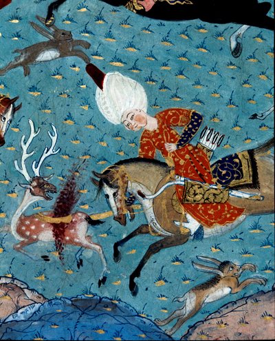 苏丹穆拉德二世（穆拉特）（1404-1451）的朝臣们狩猎鹿和野兔的代表图。 17 世纪的缩影。 伊斯坦布尔，托普卡匹萨拉伊博物馆图书馆 作者 奥斯曼帝国学校
