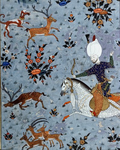 苏丹穆拉德二世 (Murat) (1404-1451) 的朝臣代表狩猎鹿 细节。 17 世纪的缩影。 伊斯坦布尔，托普卡匹萨拉伊博物馆图书馆 作者 奥斯曼帝国学校