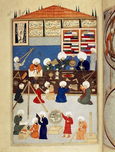 科学与伊斯兰教：“《描述阿拉伯科学家塔奇·阿尔丁（Taqi al Din 或 Takiyuddin）（1526-1585）于 1577 年在伊斯坦布尔穆拉德三世下建造的天文台，天文学家使用仪器工作》”手稿微型 ms . 财年1404“” 作者 奥斯曼帝国学校