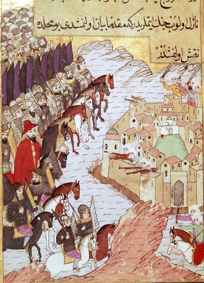 第二次十字军东征（1147-1149）：在叙利亚阿勒颇市前的十字军东征。 16 世纪的缩影。 伊斯坦布尔托普卡匹萨拉伊 作者 奥斯曼帝国学校