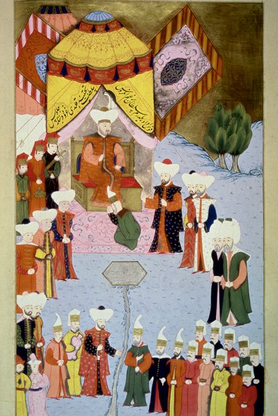 Sultan Bayezid（或 Bajazet）一世（1360-ca. 1402）从 Lokman 的“Hunername”卷。 1 (H 1523, f.7) 1584 Topkapi Sarayi Museum Library 伊斯坦布尔 作者 奥斯曼帝国学校
