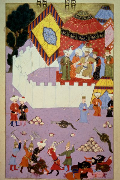 苏丹穆拉德一世（1326-1389）被塞尔维亚骑士米洛斯-奥比利奇（Kobilic或Kobilovic）（死于1389年）在科索沃战役中刺杀，此前奥斯曼人对塞尔维亚人取得了胜利。 微型画来自洛曼的 "Hunername"，第一卷（H 1523，f.7） 1584年至 作者 Ottoman School