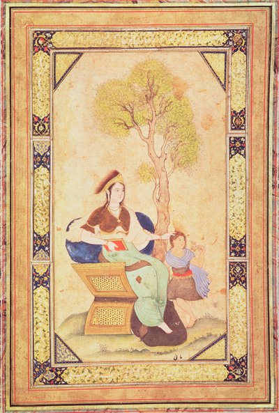 女人坐在一个年轻的女孩在花园里，从相册de pieces calligraphiees et de minatures（微型） 作者 奥斯曼帝国学校