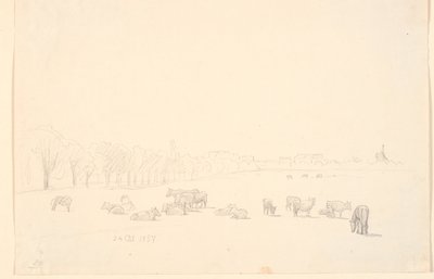 牛群在草地上，背景是 Tagens Mølle 作者 PC Skovgaard