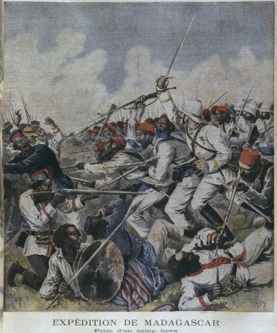 马达加斯加探险，采取hova营地，插图来自&39;Le Petit Journal&39;，Supplement illustre，1895年6月2日，由Henri Meyer（1844-91）雕刻 作者 PHGV米歇尔