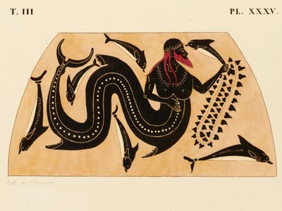 希腊双耳瓶上的装饰印刷品，显示波塞冬与海豚同行，c。 1858 年（水彩和体色在编织纸上平版印刷） 作者 皮内托（P. Bineteau）