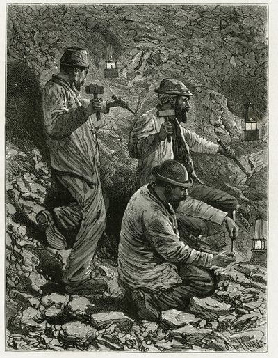 矿工在矿脉中提取煤炭。费拉特的雕刻，为卡米尔-莱蒙尼尔（1844-1913）的故事《比利时》作插图，比利时作家。发表于Le Tour du monde, nouveau journal des voyages, 2nd semester 1884, edited by Edouard Charton (1807-) 作者 费拉特