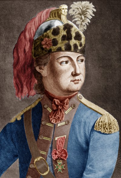 伊恩骑士(1728-1810)，法国国王的秘密特工，他曾经穿过衣服，雕刻的彩色文件 作者 让·巴蒂斯特·布雷德尔神父